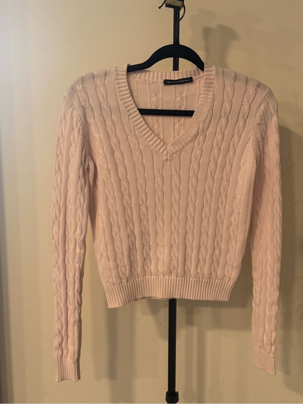 Brandy Melville Pale Pink Cable-Knit V-Neck Sweater